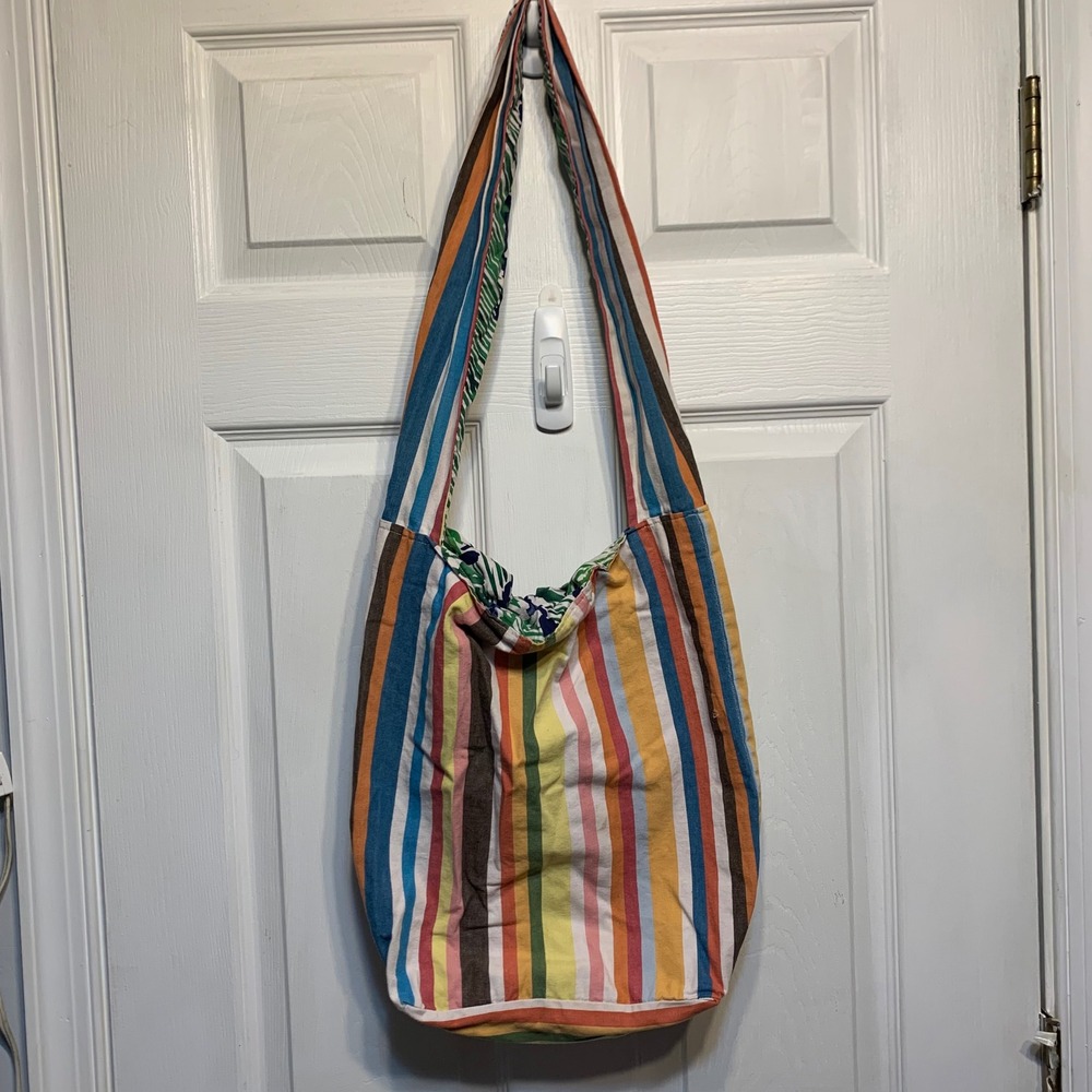 Reversible Hobo Bag OS Striped Tropical Print Slouchy Shoulder Bag Boho Hippie